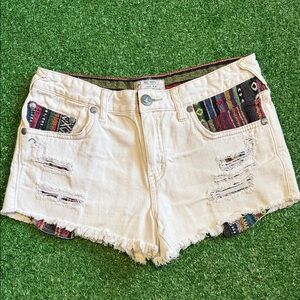 Free People White Distressed Jean Shorts w/ Colorful Southwestern Woven Accents